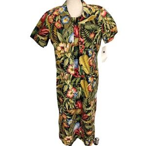 Citi Dress Set Womens 12 Black  Green Tropical Floral Maxi Bead Resortwear